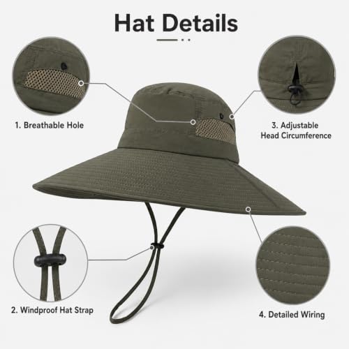 Wide Brim Sun Hat for Men Women UV Protection Bucket Fishing Hats - color: Army Green Solid