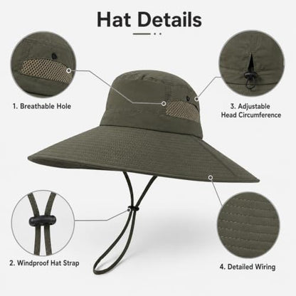 Wide Brim Sun Hat for Men Women UV Protection Bucket Fishing Hats - color: Army Green Solid