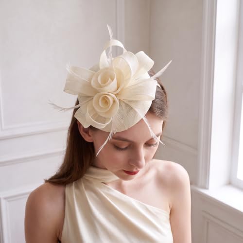 Flower Fascinator Hat Headband Clip for Women Tea Party - color: Cream-02