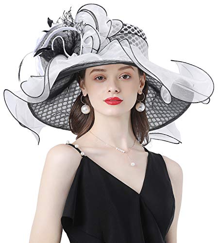 Z&X Women Organza Church Derby Hat Wide Brim Sun Hats for Wedding Tea Party Fascinator Hat, Dual-use - color: 2001- Black and White