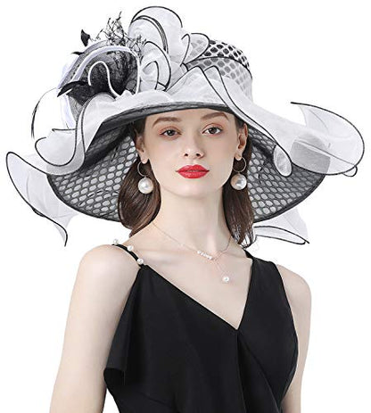 Z&X Women Organza Church Derby Hat Wide Brim Sun Hats for Wedding Tea Party Fascinator Hat, Dual-use - color: 2001- Black and White