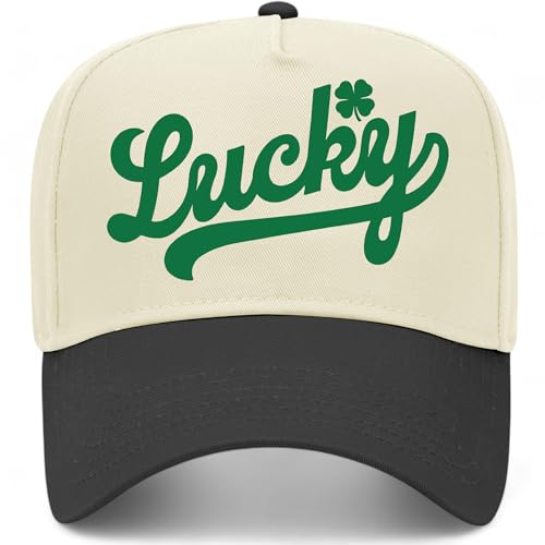Lucky Cursive Hat | Premium Adjustable Snapback Baseball Trucker Hats for Men & Women - color: Black/Natural