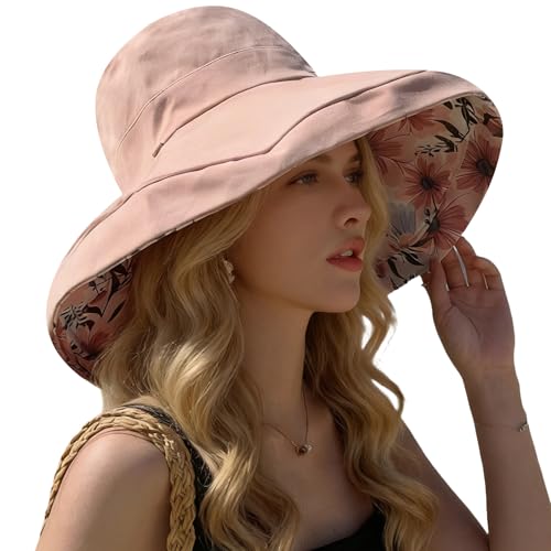 Women Bohemian Reversible Sun Hat Wide Brim Fishing Hats - color: Pink Boho Print
