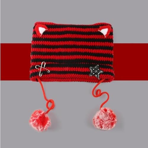 Women Kawaii Cat Ear Beanie Hat with Star Pom Poms Y2K Cute Crochet Goth Grunge Emo Alt Accessories Knit Slouchy Hat - color: Red Black