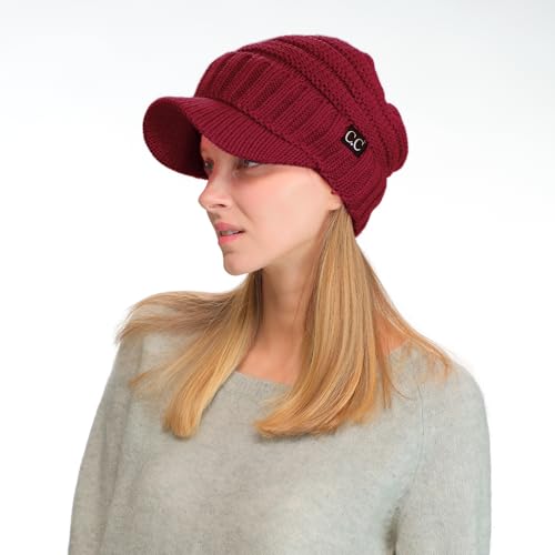 C.C Trendy Warm Oversized Chunky Soft Oversized Ribbed Slouchy Knit Hat with Visor Brim - color: Burgundy