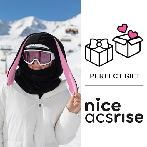 Fleece Balaclava Over Helmet - Warm Helmet Ninja Hood - Snowboard Hooded Hat Neck Gaiter Ski Mask - color: Black&pink|bunny, size: One Size