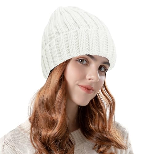 ZOORON 1&2 Winter Beanie for Women Soft Warm Slouchy Knit Hat Ski Stocking Cuffed Cap - color: White