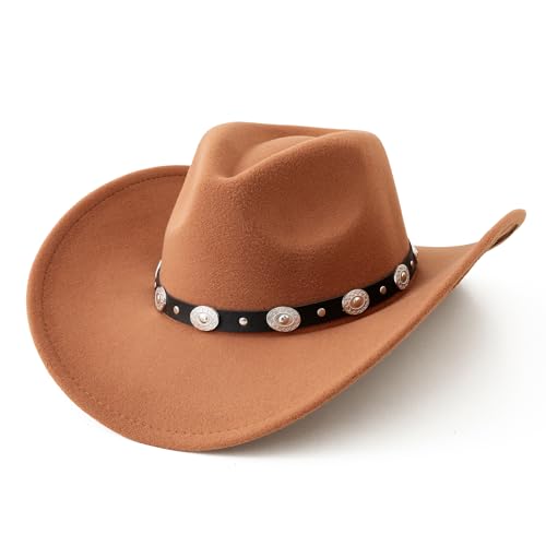 Lanzom Women Men Felt Wide Brim Western Cowboy Hats Belt Buckle Panama Hat - color: Khaki, size: Medium-Large