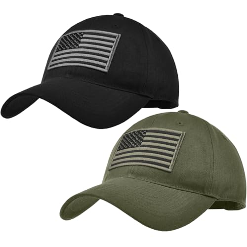 2 Pack American Flag Hats, Patriotic Adjustable Baseball Caps, Low Profile USA Dad Hats for Men Women Daily Wear - color: Black ＆ Army Green