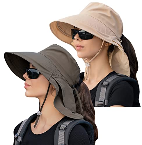 Womens Sun Hat UPF 50+ Wide Brim and Ponytail Hole, Hiking Safari Hat with Neck Flap… - color: Beige & Army Green