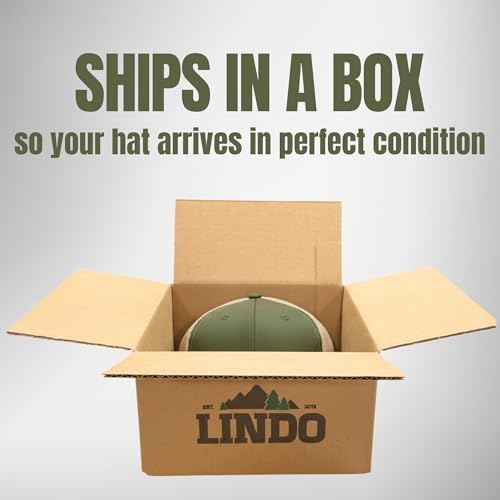 LINDO Trucker Hat [ Great Outdoors Design ] for Men and Women: Mid Profile Cap with Breathable Mesh Back and Adjustable Snap - color: Green/Beige