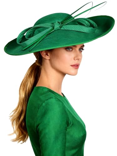 Big Wide Brim Fascinator Hats for Women Ladies Kentucky Tea Party Dress Flat Top Fedoras Hat with Bow Feather - color: Green 1