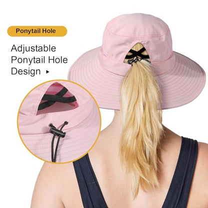 Bucket Sun Hat for Women Wide Brim Breathable Mesh UPF50+ Safari Hat Criss Cross Ponytail Hole Outdoor Rain Hat - color: Pink