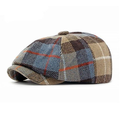 Men's Faux Woolen Tweed Plaid Ivy Cabbie Gatsby Newsboy Golf Paperboy Hat Cap - color: Khaki