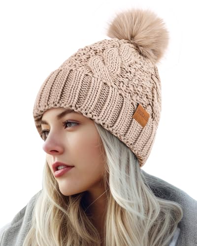 Women's Winter Pompom Beanie Warm and Cozy Knit Hat Fleece Lining Skull Cap for Women - color: Oat
