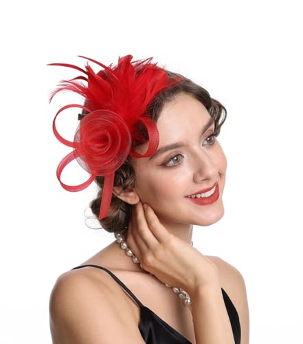 SAFERIN Women's Fascinators Feathers Tea Party Hat Veil Headband with Hair Clip for Cocktail Church - color: M-red