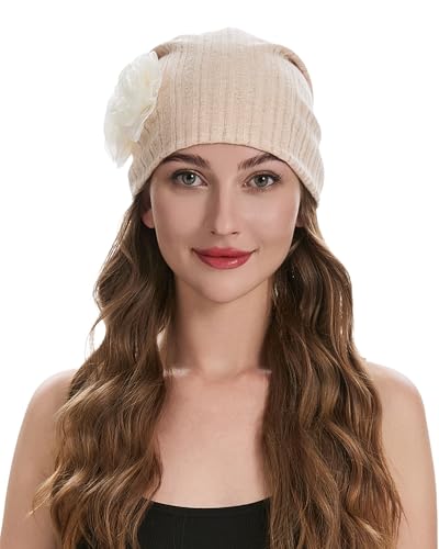 ZLYC Women Slouchy Beanie Hat Summer Knit Chemo Headwear - color: Flower Beige