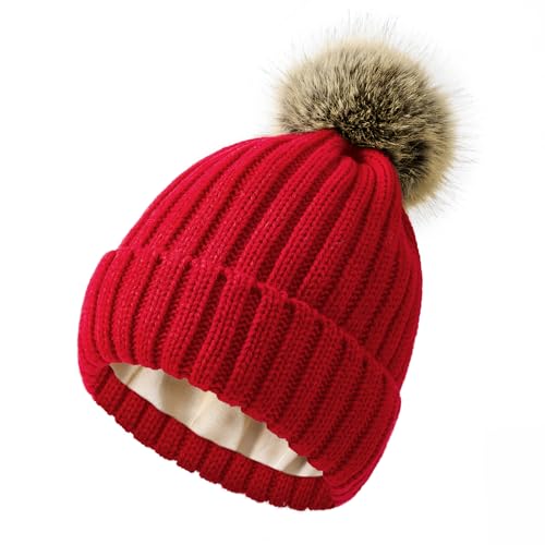 Zando Women's Satin Lined Beanie with Faux Fur Pom Pom - color: Red