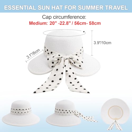 DRESHOW Women Straw Panama Hat Travel Fedora Beach Sun Hat Summer Wide Brim Straw Roll up Hat UPF 50+ - color: 1 Pack Bowknot Straw Hat: White (White Band)