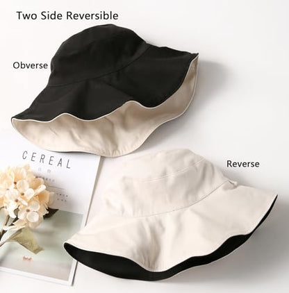 Womens Foldable Shapeable Brim Sun Hat UPF 50+ Cotton Wide Brim Beach Adjustable Chin Strap Hat Sun Protection Cap - color: Black