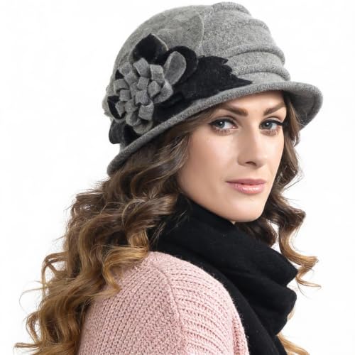 Vintage Women Floral Wool Dress Cloche Winter Hat 1920s - color: C020-d-light Grey