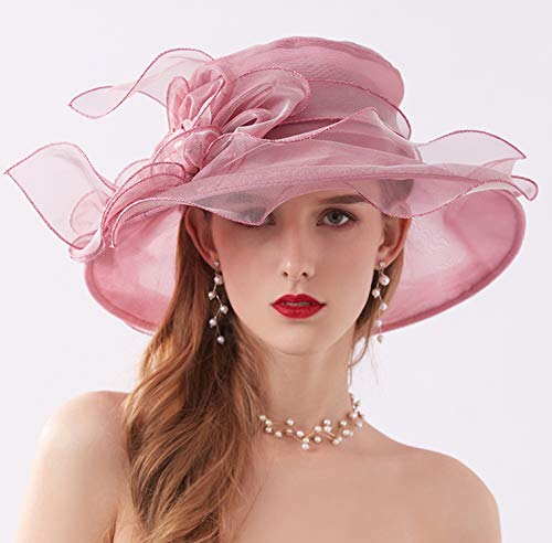 Organza Fascinator Hat - Women’s Wide Brim Church Bridal Tea Party Wedding Hat - color: 02a-pink-purple