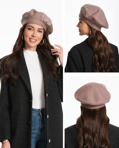 Flower Embroidery Beret Hat for Women, French Style Knitted Beret Hats, Stylish Solid Color Beret Cap for Women Girls Lady - color: Wine Red 2 Flowers