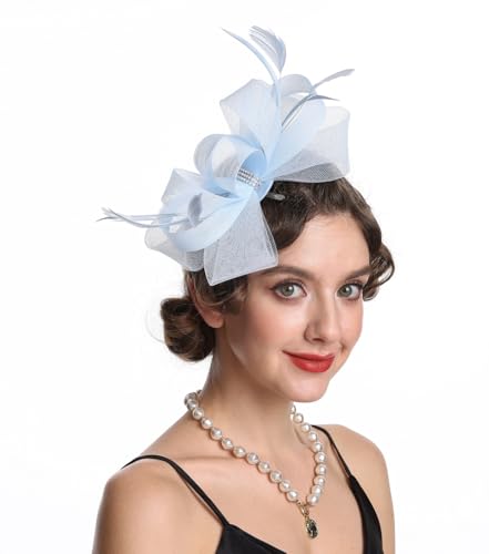 SAFERIN Elegant Women's Fascinator Hat with Veil and Feather Hair Clip Headpiece for Weddings Tea Party - color: St09-light Blue