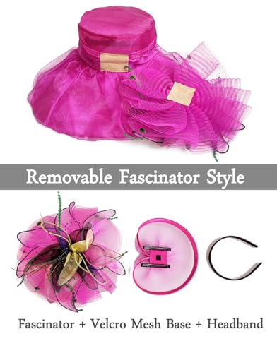 Women Derby Fascinator Hat Organza Church Wedding Hats Wide Brim Cocktail Tea Party Hat - color: 37fuchsia