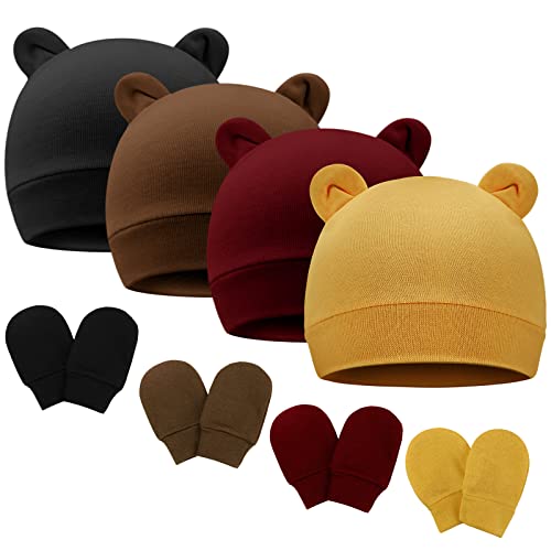 Newborn Baby Hat and Mittens Set Bear Ears Toddler Infant Beanie Caps Newborn Hospital Hat for Baby Boy Girl 0-3 Months - color: Bear Ear L