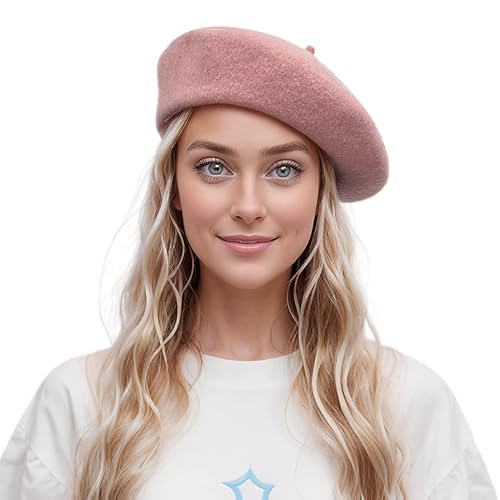 Lanzom Wool Blend Women Beret Hat French Beret Cap Winter Fashion Solid Color Hat for Women Girls Lady - color: Pink