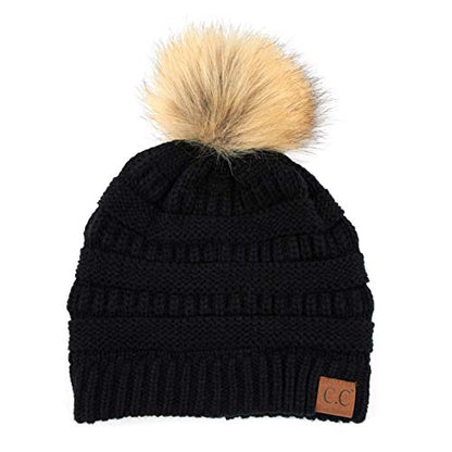 C.C Hatsandscarf Exclusives Unisex Solid Ribbed Beanie with Pom (HAT-43) - color: A Gift Set-black