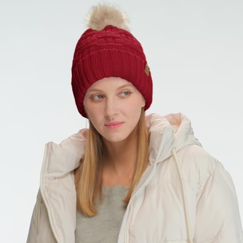 C.C Knit Beanie Hat – Fuzzy Fleece Lined Warm Winter Hat, Faux Fur Pom Soft Stretchy Slouchy Knit Cap, Cold Weather Beanie - color: Red