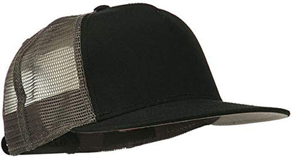 Ashen Fane 5 Panel Flat Visor Mesh Back Trucker Snapback Hat - color: Blk/Blk/Ch.gry