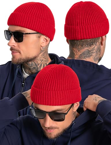 Fleece Lined Wool Short Fisherman Beanie Men Women Cuff Winter Hat - color: 1pc-red