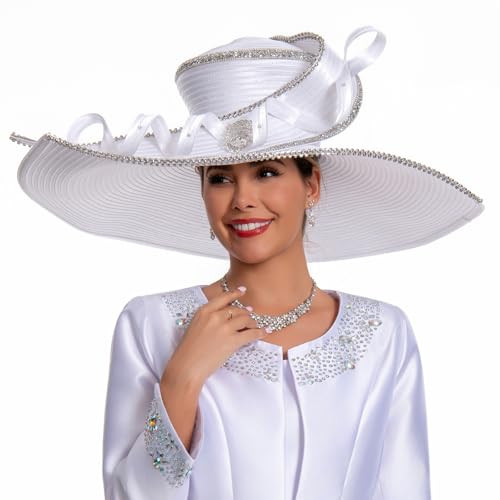 Women's Dramatic Giant Wide Brim Rhinestone Church Hat Statement Turban Fascinator for Wedding Chapel Baptist Sunday - color: 17-white