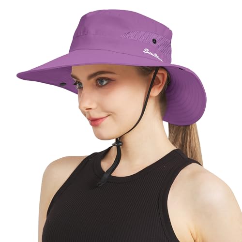 NPJY Ponytail Sun Hats for Women Men Wide Brim UPF Fishing Bucket Hat - color: Purple (Ponytail Hole)