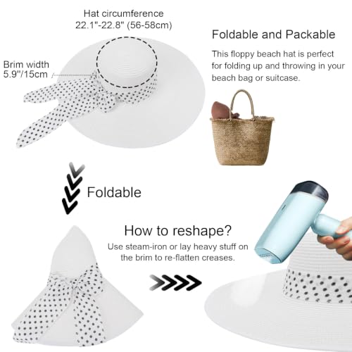 DRESHOW Beach Hats for Women Big Straw Wide Brim Summer Hat Floppy Foldable Roll up Cap Sun Hat UPF 50+ - color: 1 Pack With Polka Dot Bow: White