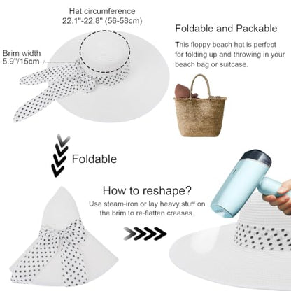 DRESHOW Beach Hats for Women Big Straw Wide Brim Summer Hat Floppy Foldable Roll up Cap Sun Hat UPF 50+ - color: 1 Pack With Polka Dot Bow: White