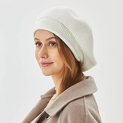FENELY Beret Hat for Women, French Style Beanie Winter Fashion Warm Thickened Lining Knit Cap - color: White