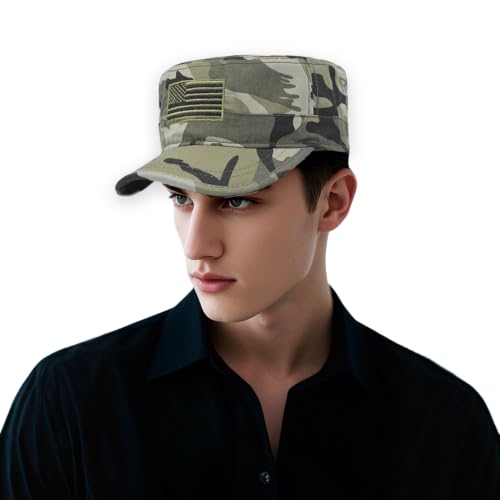 Cadet Army Cap for Men Women Military Adjustable Unisex Flat Top Hat - color: Flag Camo Green