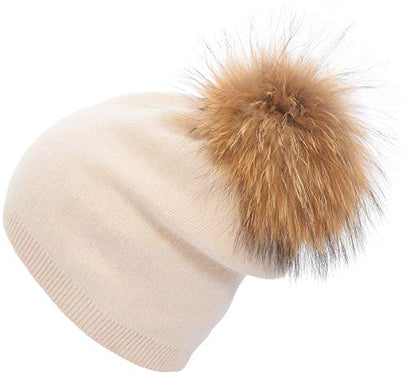 Women's Double Layer Winter Slouchy Knit Beanie Hat with Real Fur Pom Pom - color: Beige