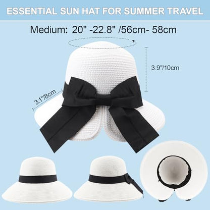 DRESHOW Sun Hats for Women Travel Fedora Foldable Beach Sun Hat Summer Wide Brim Straw Bucket Hat with Bowknot UPF 50+ - color: 1 Pack Bowknot Straw Hat: White