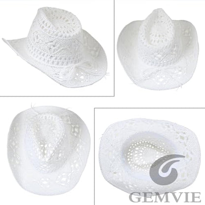 GEMVIE Men & Women's Summer Cowboy Cowgirl Straw Hat Hollow Out Style Roll Up Brim Cowboy Sun Hat - color: White
