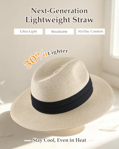 Straw Fedora Panama Hat for Men Women, UPF 50+ Wide Brim Sun Hat, Lightweight Packable Summer Beach Hat - color: Beige, size: Medium