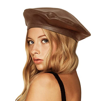 Wheebo PU Leather Berets for Women French Beret Hats Artist Painter Hat Classic Solid Style - color: Brown