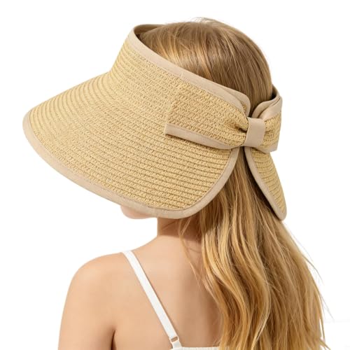 ZOORON Girls Straw Sun Visor Hat, Wide Brim Ponytail Beach Hat with Bow - color: Beige