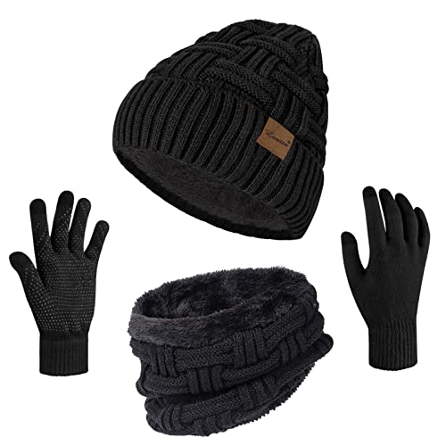 Loritta 3-Pieces Winter Hats for Women Warm Scarf Touchscreen Gloves - color: Black