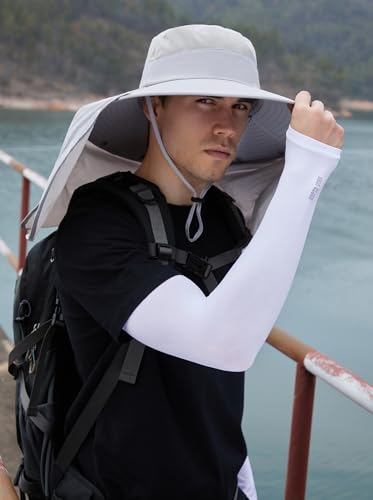 HUAMULAN Women Men Wide Brim Sun Hat Hiking Fishing Hats with Neck Flap - color: Light Gray With Mesh Panel