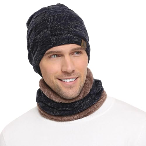 FZ FANTASTIC ZONE Men's Winter Beanie Hats Neck Warmer Warm Infinity Scarf - color: Navy Blue